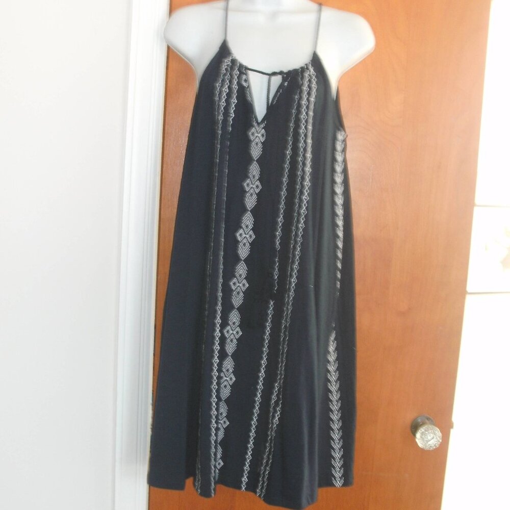 Navy Blue & White Embroidered Tassel Tie Neckline A Line Cotton knit Sun Dress M